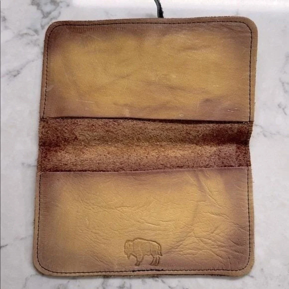 Vintage Buffalo Trading Co Buff Tan Bison Leather Checkbook Wallet Concho Detail